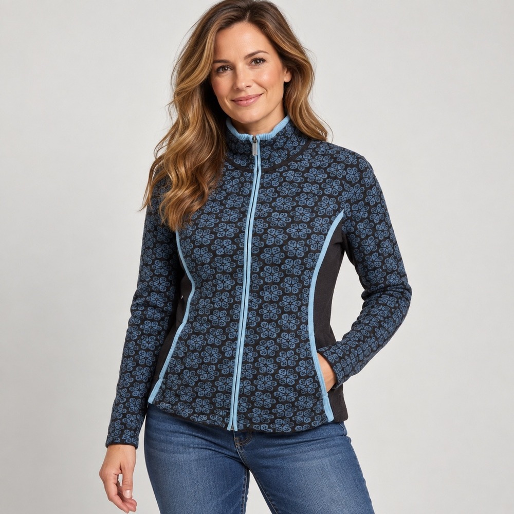 SmartWool Full Zip Sweater Womens L Brown Blue Merino Wool Floral Mock Neck FA08